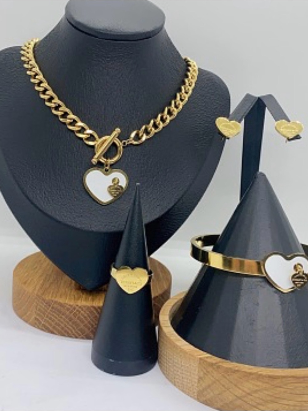 Gold Heart Pendant Necklace and Bracelet Set with White Enamel Accents